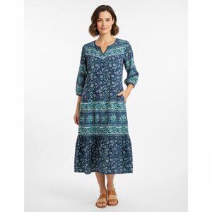 La Cera Cotton Boho Blue Multi Pattern Midi Dress With Pockets Size Large